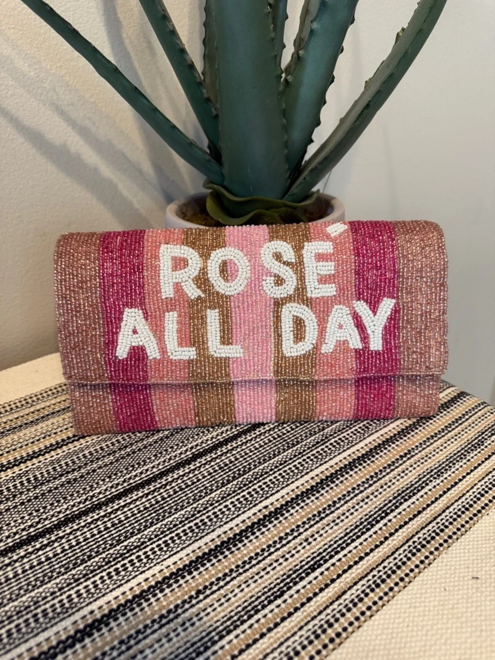 America & Beyond Beaded 'Rosé All Day' Clutch‎ Chain Purse Wine Pink Stripe NWT